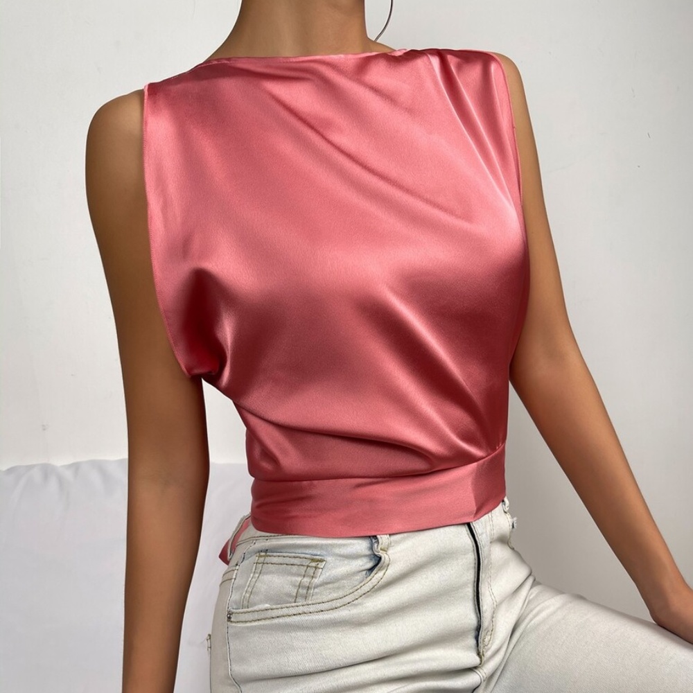Boho silver Grey Cut out Back Satin Crop Top - Picture 12 of 12
